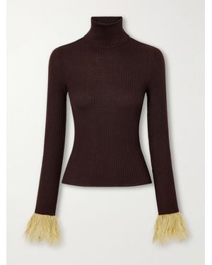 La DoubleJ Feathers-Trimmed Ribbed Cashmere And Silk-Blend Turtleneck Jumper - Brown