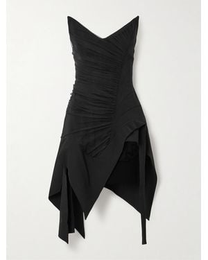 Mugler Strapless Asymmetric Ruched Tulle-Paneled Crepe Dress - Black