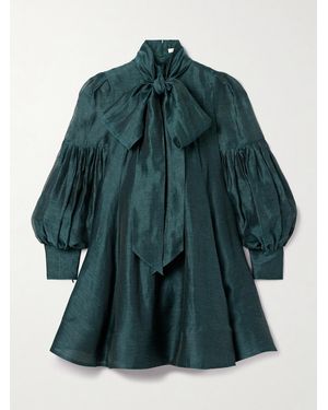Zimmermann Pavillion Tie-Neck Pleated Linen And Silk-Blend Organza Mini Dress - Green