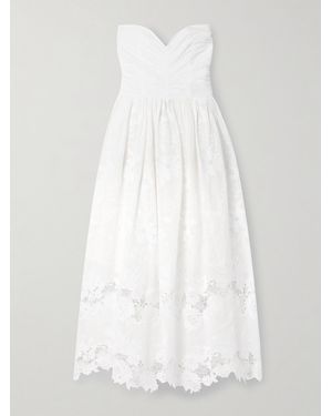 Loretta Caponi Desideria Strapless Guipure Lace-Trimmed Embroidered Cotton-Voile Midi Dress - White