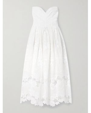 Loretta Caponi Desideria Strapless Guipure Lace-Trimmed Embroidered Cotton-Voile Midi Dress - White