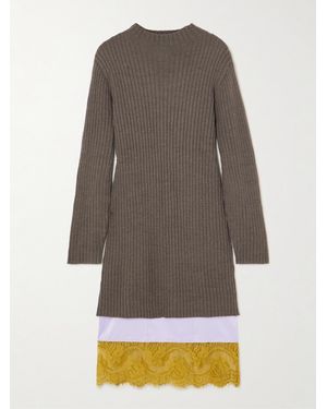 STAUD Willow Layered Lace-Trimmed Wool-Blend And Satin Midi Dress - Gray