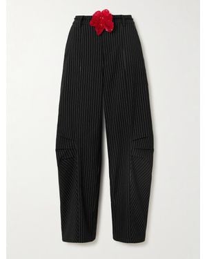 ROTATE BIRGER CHRISTENSEN Embellished Belted Pinstriped Crepe Tapered Pants - Black