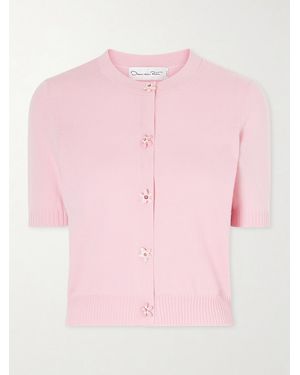 Oscar de la Renta Cropped Floral-Embellished Cashmere Cardigan - Pink