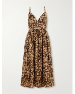 Cara Cara Miro Gathered Printed Linen And Silk-Blend Organza Midi Dress - Natural