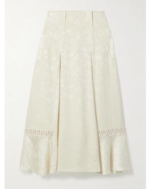 Maison Mayle Amparo Pleated Lace-Trimmed Silk-Satin Jacquard Midi Skirt - Natural