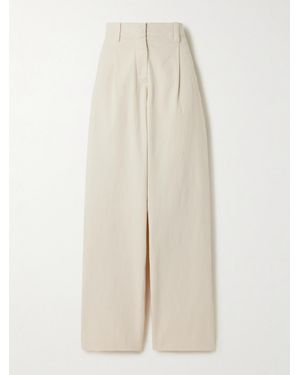 Brunello Cucinelli Embellished Pleated Cotton-Blend Wide-Leg Trousers - Natural