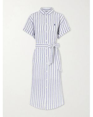 Polo Ralph Lauren Belted Striped Linen Midi Dress - Blue