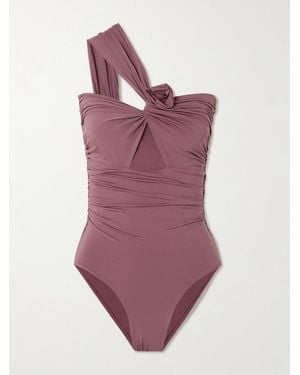 Maygel Coronel Rodríguez One-Shoulder Appliquéd Ruched Cutout Swimsuit - Purple