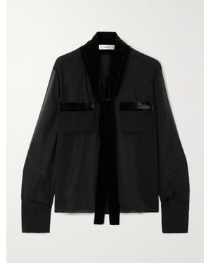 FRAME Pussy-Bow Velvet-Trimmed Silk-Chiffon Blouse - Black