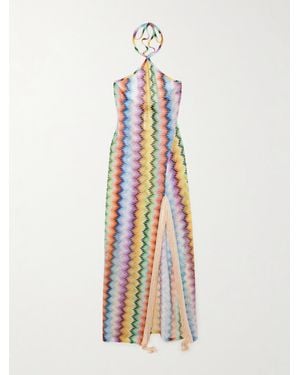 Missoni Neckholder-Maxikleid Aus Gestreiftem Häkelstrick Mit Fransen - Weiß