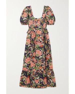 Lug Von Siga Viola Shirred Tiered Floral-Print Linen Peplum Midi Dress - Blue