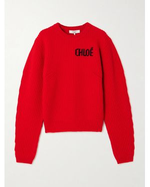 Chloé Logo-Detailed Ribbed Wool And Cashmere-Blend Sweater - Rot