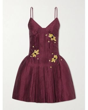 ShuShu/Tong Bead And Sequin-Embellished Plissé Linen-Blend Mini Dress - Purple