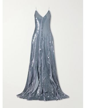 Marmar Halim Pleated Sequined Chiffon Gown - Blue