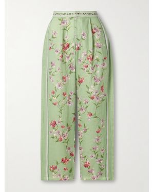 Agua Bendita Florecer Honeysuckle Pleated Embroidered Floral-Print Linen Tapered Pants - Green