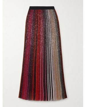 Missoni Pleated Sequined Striped Metallic Crochet-Knit Maxi Skirt - Red