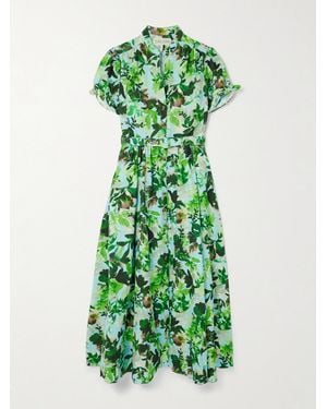 Saloni Ena Belted Printed Cotton Midi Dress - Green