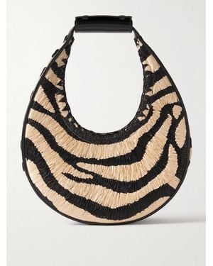 STAUD Moon Tote Aus Raffiabast Mit Jacquard-Muster Und Lederbesätzen - Grau