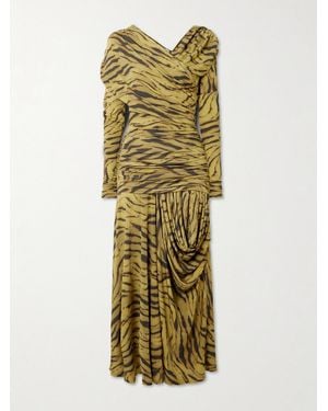 Ganni Asymmetric Draped Ruched Zebra-Print Stretch-Jersey Midi Dress - Metallic