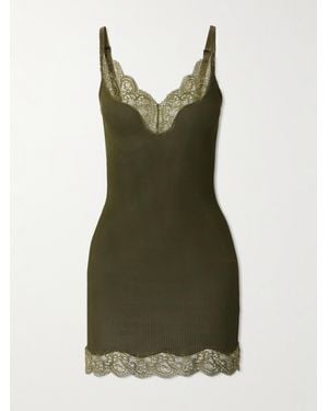 Saint Laurent Lace-Trimmed Ribbed Silk-Jersey Mini Dress - Green