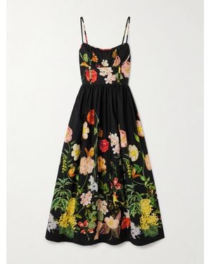 Cara Cara Alba Floral-Print Gathered Smocked Cotton-Poplin Midi Dress - White