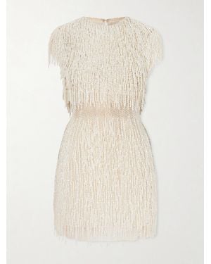 Oscar de la Renta Embellished Fringed Mesh Mini Dress - Natural