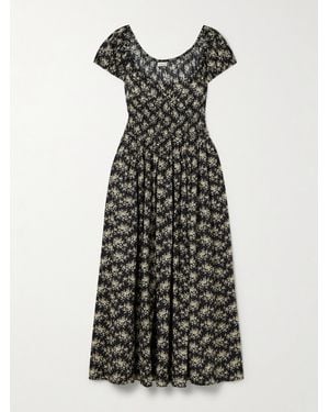 Doen Quinley Shirred Floral-Print Organic Cotton-Voile Midi Dress - Black