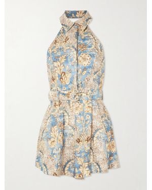 Zimmermann Daylight Belted Printed Linen Halterneck Playsuit - White
