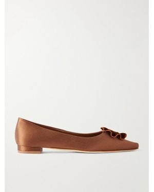 Manolo Blahnik Fortanflat 10 Floral-Appliquéd Velvet-Trimmed Satin Flats - Brown