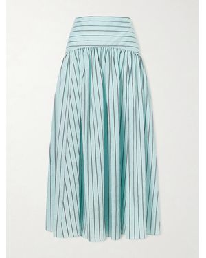 STAUD Procida Pleated Striped Cotton-Blend Poplin Midi Skirt - Blue