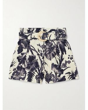 Cara Cara Palmer Shorts Aus Leinen Mit Blumenprint, Bundfalten Und Gürtel - Blau