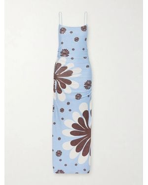 Cala De La Cruz Kim Ruched Printed Metallic Jersey Maxi Dress - Blue