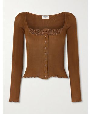 Saint Laurent Lace-Trimmed Ribbed Silk-Jersey Cardigan - Brown
