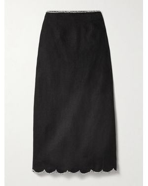 Zimmermann Crush Crystal-Embellished Scalloped Linen Midi Skirt - Black