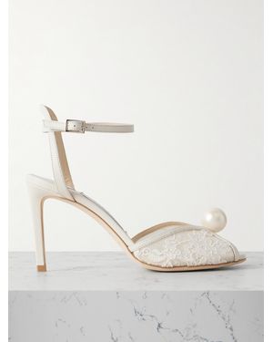 Jimmy Choo Sacora 85 Embellished Leather-Trimmed Lace Sandals - White