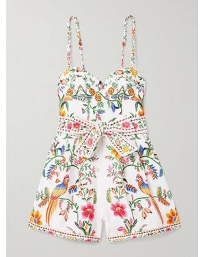 FARM Rio Belted Floral-Print Linen Playsuit - White