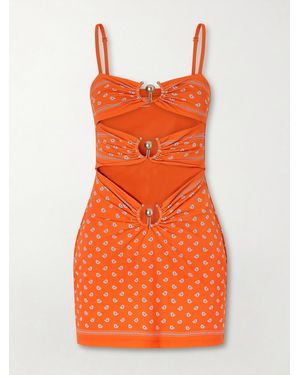 Christopher Esber Orbit Embellished Ruched Cutout Printed Stretch-Jersey Mini Dress - Orange
