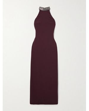 Brunello Cucinelli Bead-Embellished Crepe Halterneck Maxi Dress - Purple
