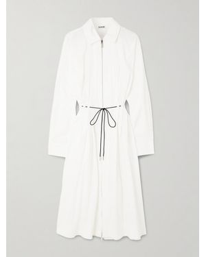 STAUD Chi Belted Pleated Cotton-Blend Poplin Midi Dress - White