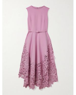 Oscar de la Renta Belted Guipure Lace-Trimmed Wool-Blend Crepe Midi Dress - Purple