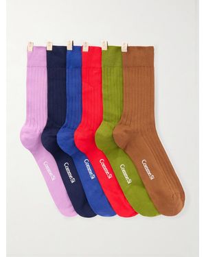 Comme Si The Yves Set Of Six Ribbed Cotton-Blend Socks - Red