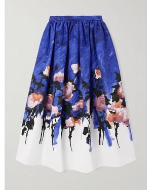 Erdem Gathered Floral-Print Cotton-Blend Twill Midi Skirt - Blue