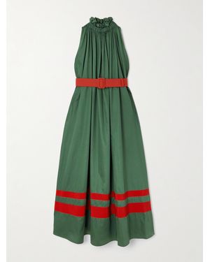 Marta Ferri Camogli Belted Ruched Grosgrain-Trimmed Cotton-Poplin Halterneck Midi Dress - Green