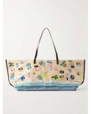 STAUD Christos Large Leather-Trimmed Embroidered Bead-Embellished Canvas Tote - Blue