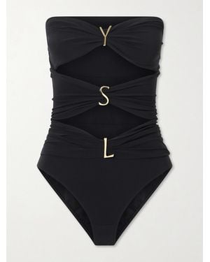 Saint Laurent Strapless Cut-Out Gathered Embellished Swimsuit - Blue
