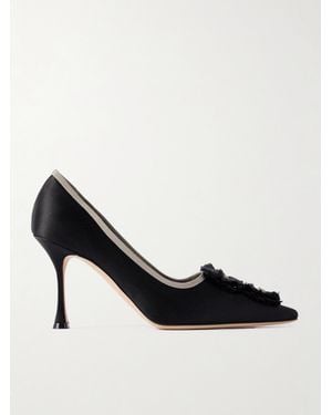 Manolo Blahnik Montmedy 95 Grosgrain-Trimmed Appliquéd Satin Pumps - Black