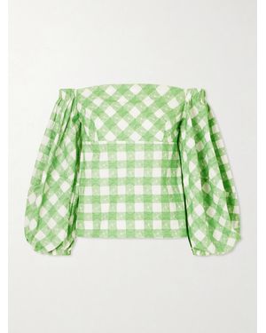 Rosie Assoulin Empire Balloon Off-The-Shoulder Checked Cotton Blouse - Green