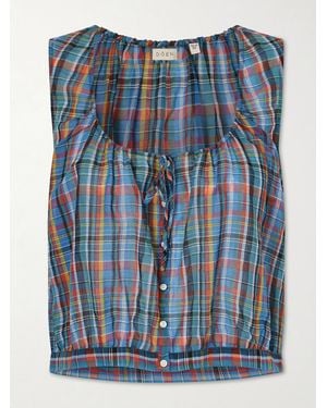 Doen Theo Gathered Checked Organic Cotton-Voile Top - Blue