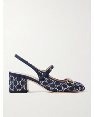 Gucci Lady Horsebit-Detailed Crystal-Embellished Denim Mary Jane Pumps - Blue